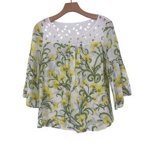 Anthropologie HD IN PARIS Floral Cotton Eyelet Blouse Yellow  3/4 Sleeve  Size 6